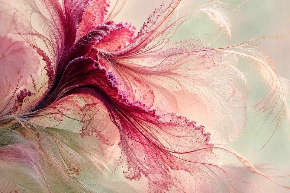 Fine blackberry and fuchsia botanical fibres spread asymmetrically across a pale blush and celadon field.