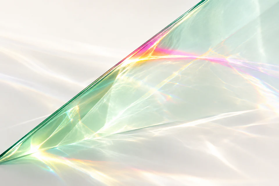 A translucent celadon plane cuts diagonally through a luminous white space with fine prismatic light traces.