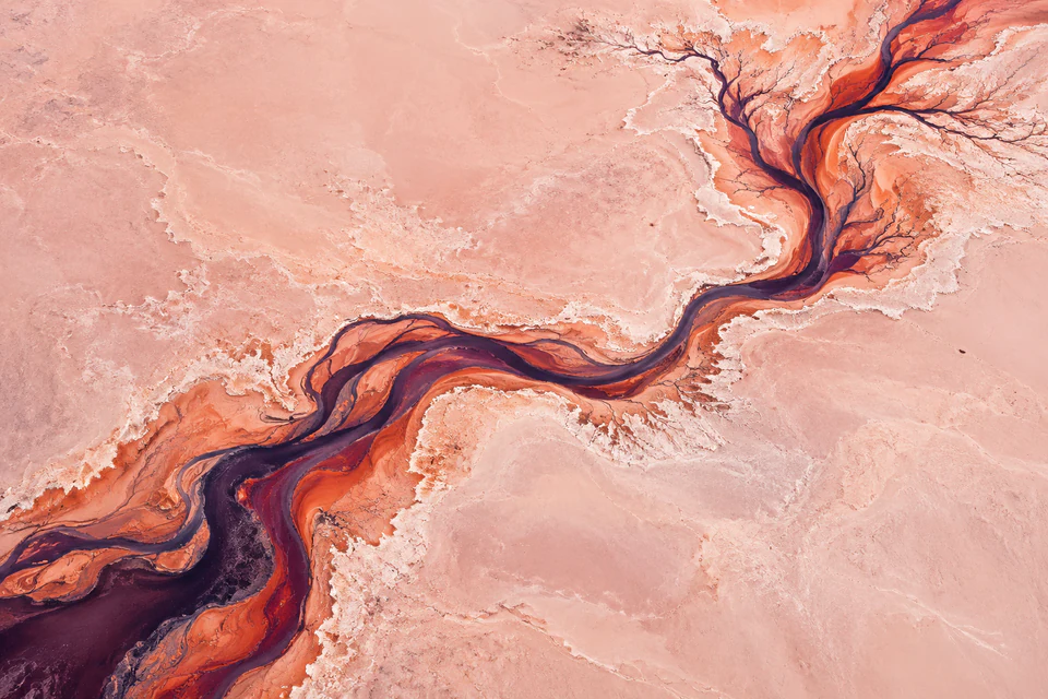 A dark violet and terracotta channel branches through a pale pink imaginary landscape seen from above.